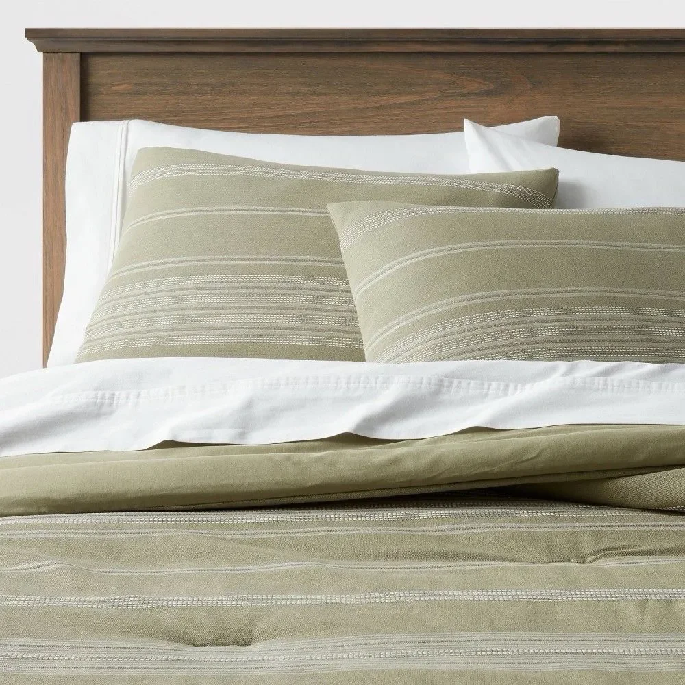 Threshold Cotton Woven Stripe Comforter Set Twin/TXL Moss Green White OEKO-TEX